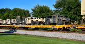 CSX W859 / 364 axles; 6340 length; multiple 6-axle flatcars / Loaded Military train Cayce, SC to New Orleans, LA / Unit flatcars / TTX Flatcars / Military loads / 7th Street crossing / Opelika, Alabama